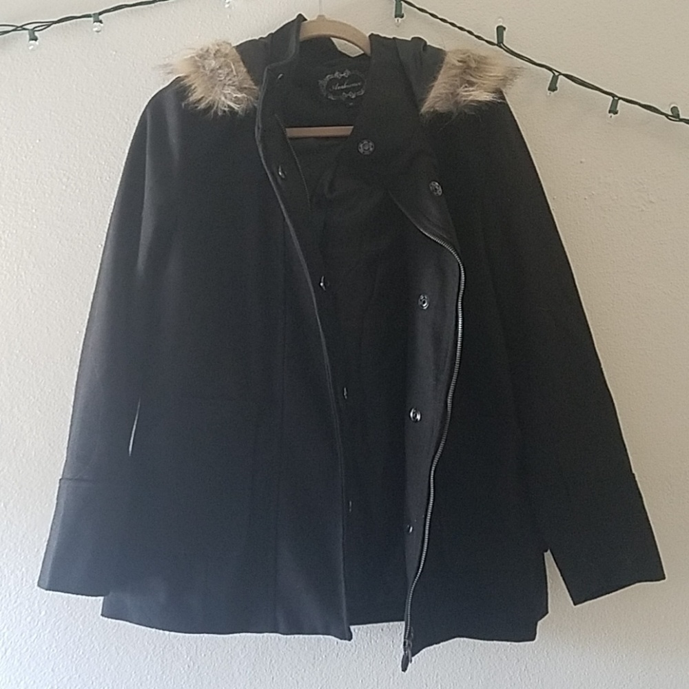 Black coat with faux fur hood